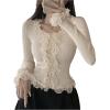 imageSHENHE Womens Lace Trim Button Up Ribbed Sweater Cardigan Crew Neck Cute Fitted SweaterBeige