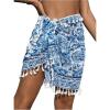 imageSHENHE Womens Paisley Print Beach Sarong Pareo Coverups Wrap Short Skirt with TasselsBlue and White