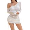 imageSHENHE Womens Sheer Swimsuit Cover Up Long Sleeve Ruched Drawstring Beach Dress CoverupsWhite