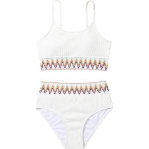 imageSHENHE Girls 2 Piece Swimsuit High Waisted Spagehtti Strap Chevron Tape Bathing SuitApricot