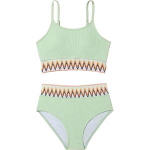 imageSHENHE Girls 2 Piece Swimsuit High Waisted Spagehtti Strap Chevron Tape Bathing SuitMint Green