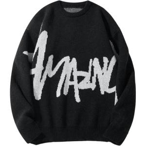 imageSHENHE Mens Crew Neck Graphic Sweater Long Sleeve Gothic Loose Sweater Pullover TopLetters Black