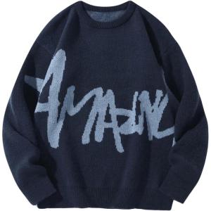 imageSHENHE Mens Crew Neck Graphic Sweater Long Sleeve Gothic Loose Sweater Pullover TopLetters Dark Blue
