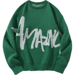 imageSHENHE Mens Crew Neck Graphic Sweater Long Sleeve Gothic Loose Sweater Pullover TopLetters Green