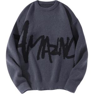 imageSHENHE Mens Crew Neck Graphic Sweater Long Sleeve Gothic Loose Sweater Pullover TopLetters Grey