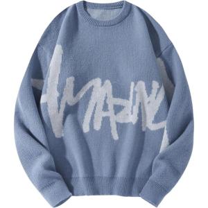 imageSHENHE Mens Crew Neck Graphic Sweater Long Sleeve Gothic Loose Sweater Pullover TopLetters Light Blue