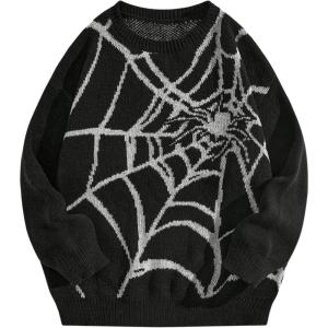 imageSHENHE Mens Crew Neck Graphic Sweater Long Sleeve Gothic Loose Sweater Pullover TopSpiderweb Black