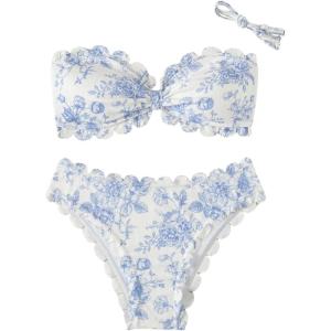 imageSHENHE Womens 2 Piece Bandeau Bikini Sets Floral Print Scalloped Boho Strapless SwimsuitsBlue and White