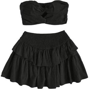 imageSHENHE Womens 2 Pieces Outfits Twist Front Strapless Tube Tops and Layered A Line Mini Skirts SetsBlack