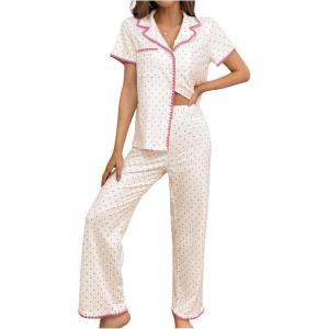 imageSHENHE Womens Button Down Pajama Sets 2 Piece Short Sleeve Nightwear with Pants Lounge SetBeige