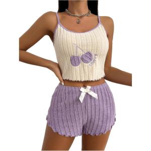 imageSHENHE Womens Cami Pajama Sets 2 Piece Cute Cherry Print Knit Crop Top and Shorts Pj Set Purple Medium