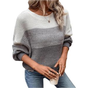 imageSHENHE Womens Color Block Oversized Sweater Crew Neck Drop Shoulder Soft Knit Pullover TopsLight Grey