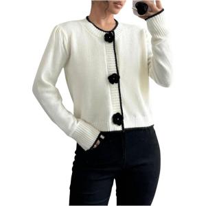 imageSHENHE Womens Crew Neck 3D Flower Cardigan Button Up Elegant Rosette Sweater CardiganBlack and White