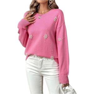 imageSHENHE Womens Crewneck Long Sleeve Sweater Pearl Embellished Elegant Knit Sweater Pullover
