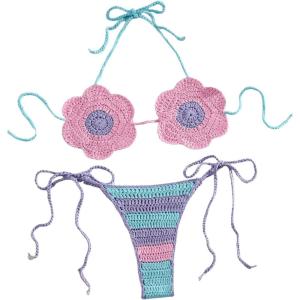imageSHENHE Womens Crochet Swimsuit Cover Up Set Halter Triangle String Micro Bikini BeachwearBlue and Purple