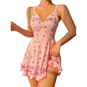 imageSHENHE Womens Cute Cherry Print Lace Trim Ruffle Hem Sleeveless Nightgown ChemiseLight Pink