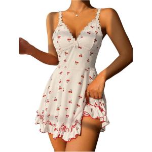 imageSHENHE Womens Cute Cherry Print Lace Trim Ruffle Hem Sleeveless Nightgown ChemiseWhite a