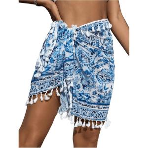 imageSHENHE Womens Paisley Print Beach Sarong Pareo Coverups Wrap Short Skirt with TasselsBlue and White