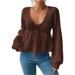 imageSHENHE Womens Plus Size Deep V Neck Peplum Pullover Sweater Tie Front Ruffle Knit Sweater TopCoffee Brown
