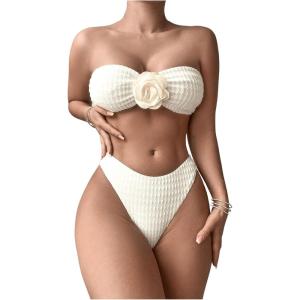 imageSHENHE Womens Strapless High Cut Bikini Set 3D Rosette Flower 2 Piece Bandeau SwimsuitBeige