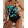 imageSHENHE Womens High Waisted Tankini Set 2 Piece Flowy Ruffle Top Tummy Control Bathing SuitsTropical Black Green
