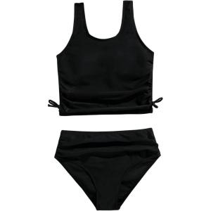 imageSHENHE Girls 2 Piece High Waisted Swimsuit Drawstring Sport Bikini Sets Tankini Bathing SuitsBlack
