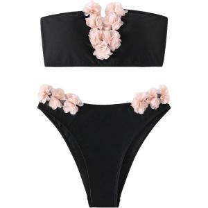 imageSHENHE Womens 2 Piece Bandeau Bikini Set Strapless Lace Up Appliques Flower SwimsuitBlack