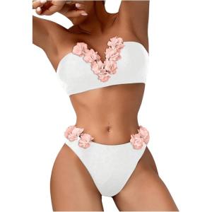 imageSHENHE Womens 2 Piece Bandeau Bikini Set Strapless Lace Up Appliques Flower SwimsuitWhite