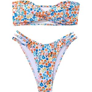 imageSHENHE Womens 2 Piece Bandeau High Cut Swimsuit Floral Twist Front String Bathing Bikini SetBlue