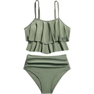 imageSHENHE Womens High Waisted Tankini Set 2 Piece Flowy Ruffle Top Tummy Control Bathing SuitsArmy Green