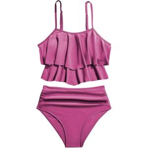 imageSHENHE Womens High Waisted Tankini Set 2 Piece Flowy Ruffle Top Tummy Control Bathing SuitsDark Pink