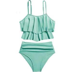 imageSHENHE Womens High Waisted Tankini Set 2 Piece Flowy Ruffle Top Tummy Control Bathing SuitsMint Green