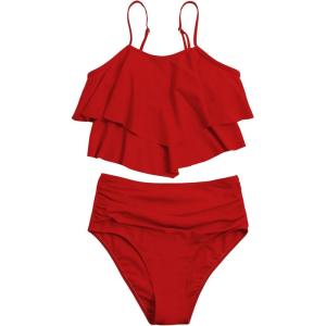 imageSHENHE Womens High Waisted Tankini Set 2 Piece Flowy Ruffle Top Tummy Control Bathing SuitsRed