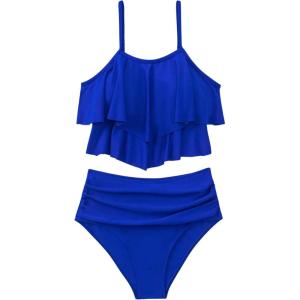 imageSHENHE Womens High Waisted Tankini Set 2 Piece Flowy Ruffle Top Tummy Control Bathing SuitsRoyal Blue