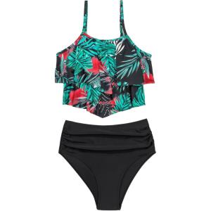 imageSHENHE Womens High Waisted Tankini Set 2 Piece Flowy Ruffle Top Tummy Control Bathing SuitsTropical Black Green
