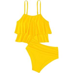 imageSHENHE Womens High Waisted Tankini Set 2 Piece Flowy Ruffle Top Tummy Control Bathing SuitsYellow