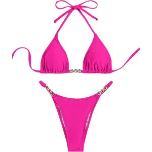 imageSHENHE Womens Sexy Bikini Sets Ring Triangle Tie Bathing Suits 2 Piece SwimsuitsHot Pink Chain