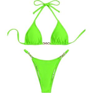 imageSHENHE Womens Sexy Bikini Sets Ring Triangle Tie Bathing Suits 2 Piece SwimsuitsLime Green Chain