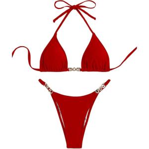 imageSHENHE Womens Sexy Bikini Sets Ring Triangle Tie Bathing Suits 2 Piece SwimsuitsSolid Red