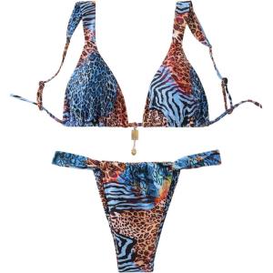imageSHENHE Womens Two Piece Swimsuits Triangle V Neck Ruched Brazilian Bikini Set Boho SwimwearAnimal Print Blue