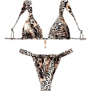 imageSHENHE Womens Two Piece Swimsuits Triangle V Neck Ruched Brazilian Bikini Set Boho SwimwearAnimal Print Brown