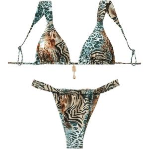 imageSHENHE Womens Two Piece Swimsuits Triangle V Neck Ruched Brazilian Bikini Set Boho SwimwearAnimal Print Multicolor