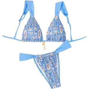 imageSHENHE Womens Two Piece Swimsuits Triangle V Neck Ruched Brazilian Bikini Set Boho SwimwearBlue