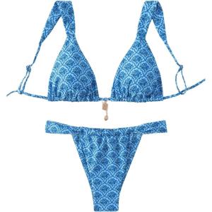 imageSHENHE Womens Two Piece Swimsuits Triangle V Neck Ruched Brazilian Bikini Set Boho SwimwearFloral Blue