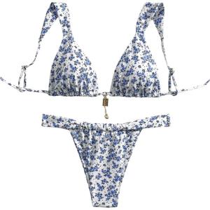 imageSHENHE Womens Two Piece Swimsuits Triangle V Neck Ruched Brazilian Bikini Set Boho SwimwearFloral Blue White