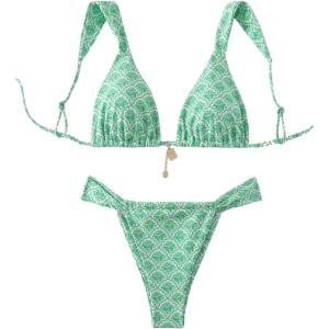 imageSHENHE Womens Two Piece Swimsuits Triangle V Neck Ruched Brazilian Bikini Set Boho SwimwearFloral Green