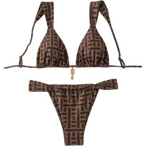 imageSHENHE Womens Two Piece Swimsuits Triangle V Neck Ruched Brazilian Bikini Set Boho SwimwearGeometric Brown