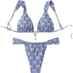 imageSHENHE Womens Two Piece Swimsuits Triangle V Neck Ruched Brazilian Bikini Set Boho SwimwearTribal Blue White