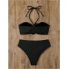imageSHENHE Womens 2 Piece Halter Swimsuit 3D Flower Appliques Bandeau Tummy Control Bikini SetBlack