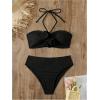 imageSHENHE Womens 2 Piece Halter Swimsuit 3D Flower Appliques Bandeau Tummy Control Bikini SetBlack
